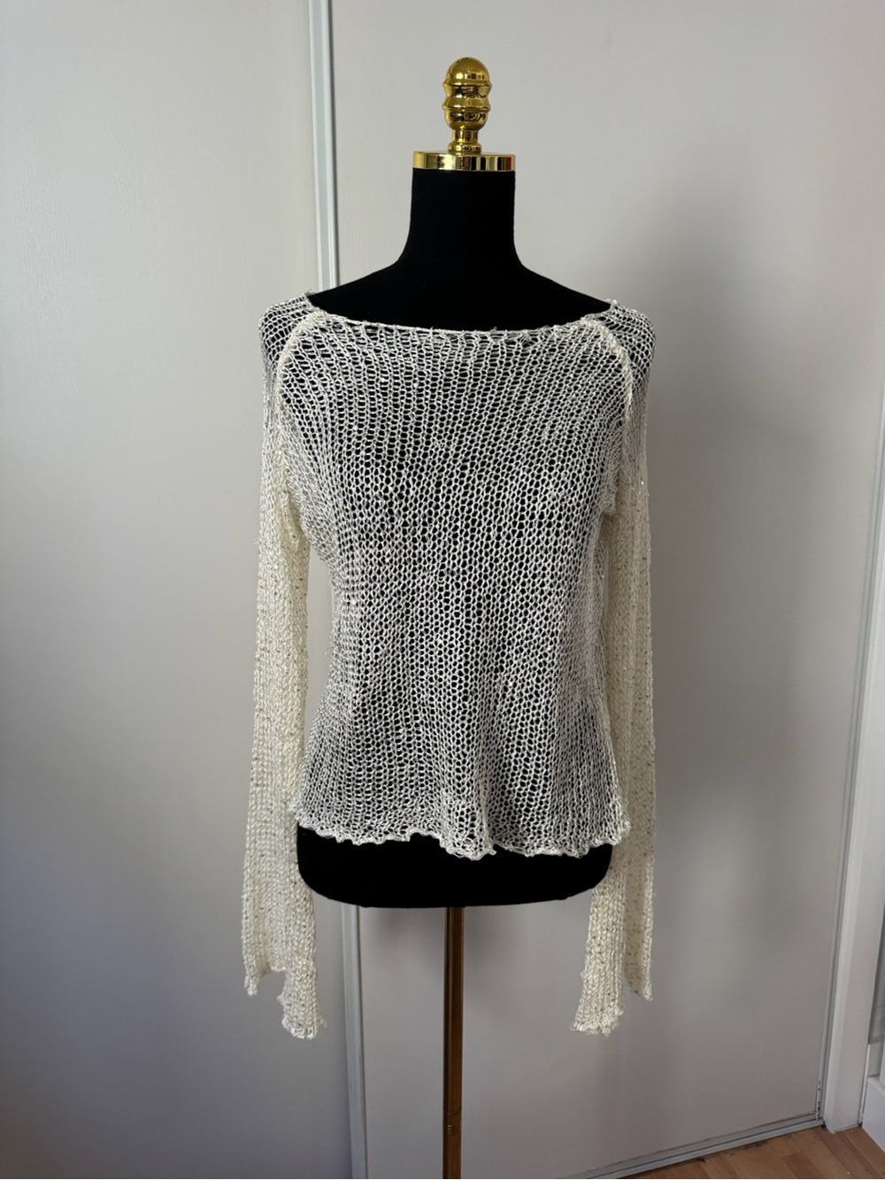 Open-Knit Long Sleeve Top in Cream with Sparkly Sequins